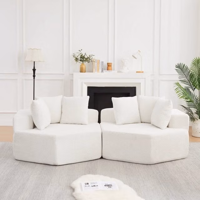 Poltrona lounge modulare esagonale WISHDOR in tessuto chenille beige con 3 cuscini e imbottitura mista
