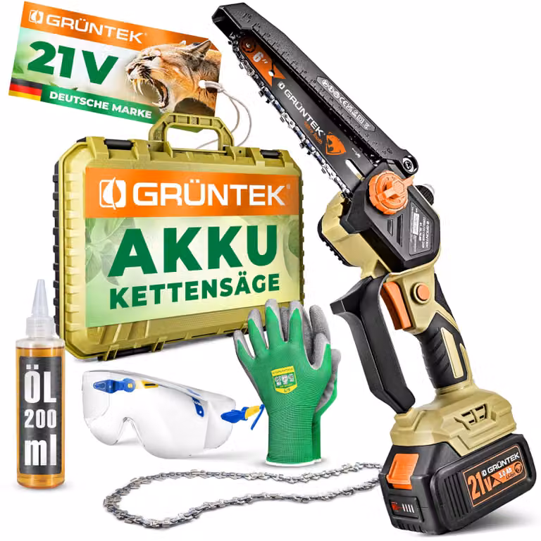 Troncatrice a batteria GRÜNTEK, 21V, mini motosega, troncatrice a batteria per rami, motosega da giardino 600W brushless, motosega a mano professionale, lama da 6 pollici, compatta con molti accessori inclusi nella custodia