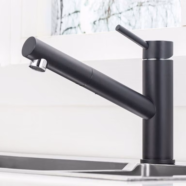 Miscelatore da cucina estraibile, nero, con snodo a 150°, monocomando