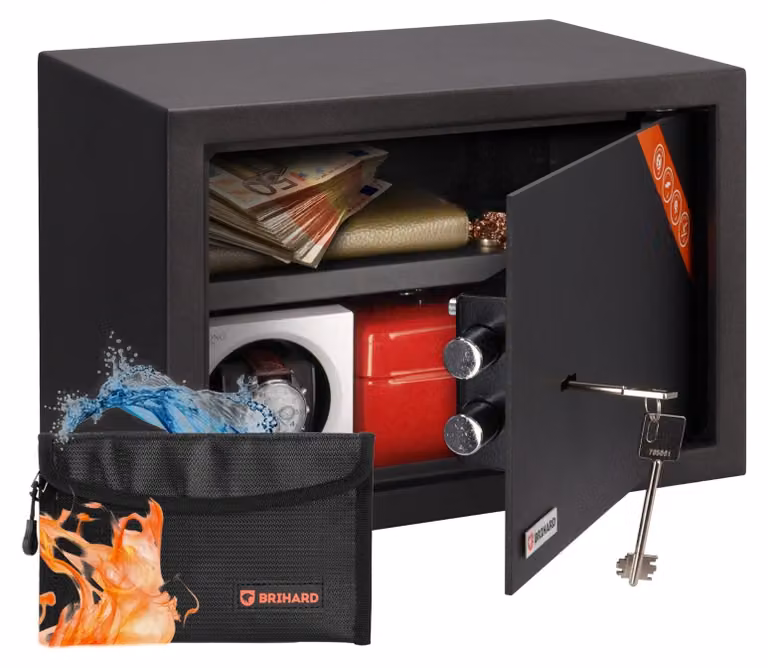 Cassaforte a chiave - Doppio fusto - 20 litri - Sacca antincendio - Ripiano rimovibile - 25 x 35 x 25 cm