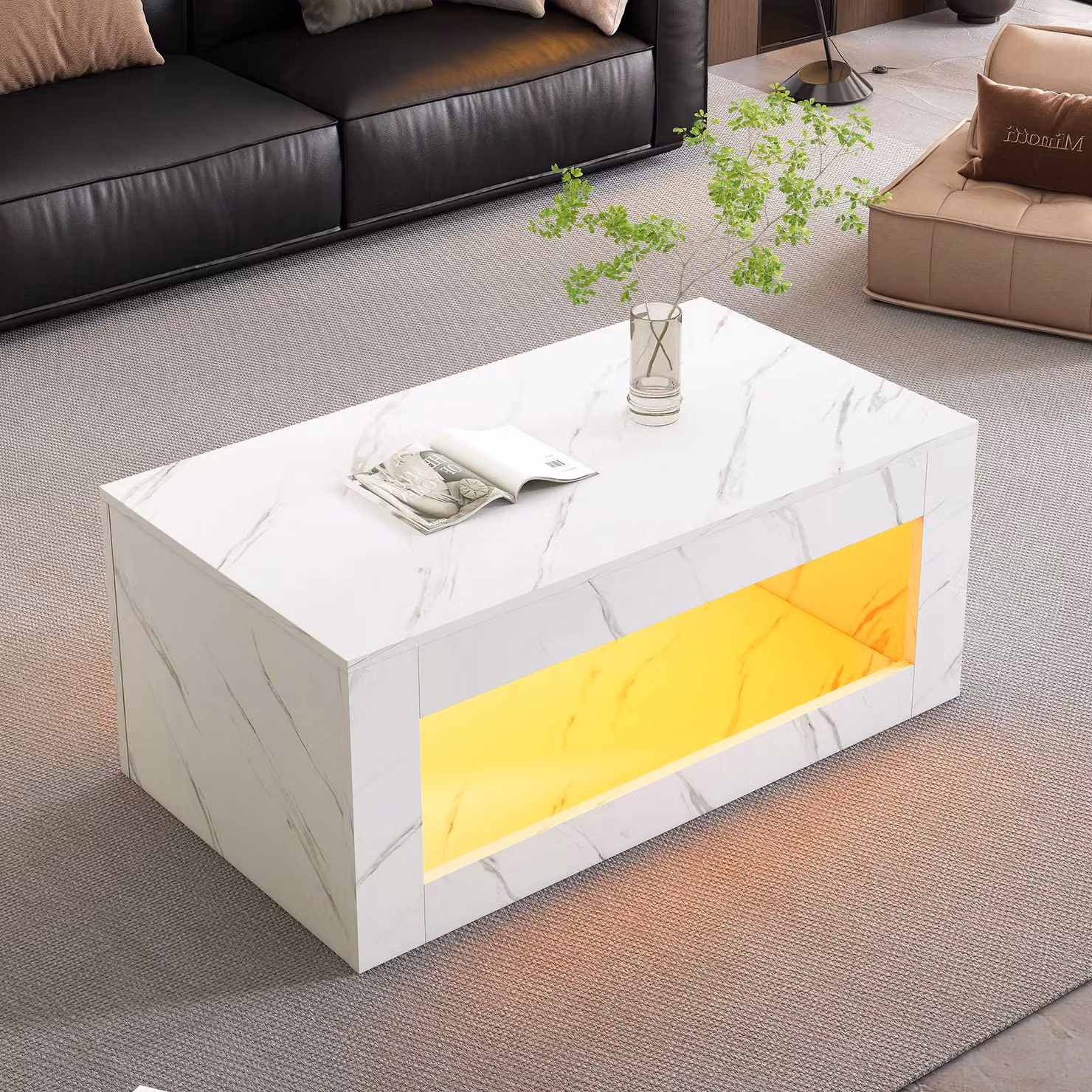 Tavolino Merax LED con stampa marmo, tavolino da salotto lucido con telecomando, tavolino con ampio spazio per il salotto