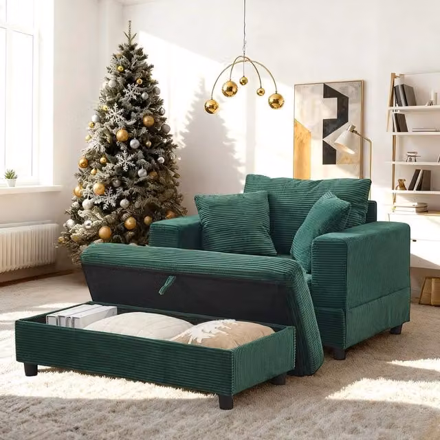Dormeuse con poggiapiedi e spazio contenitore ¨C Minimal ¨C Verde smeraldo velluto con cuscini
