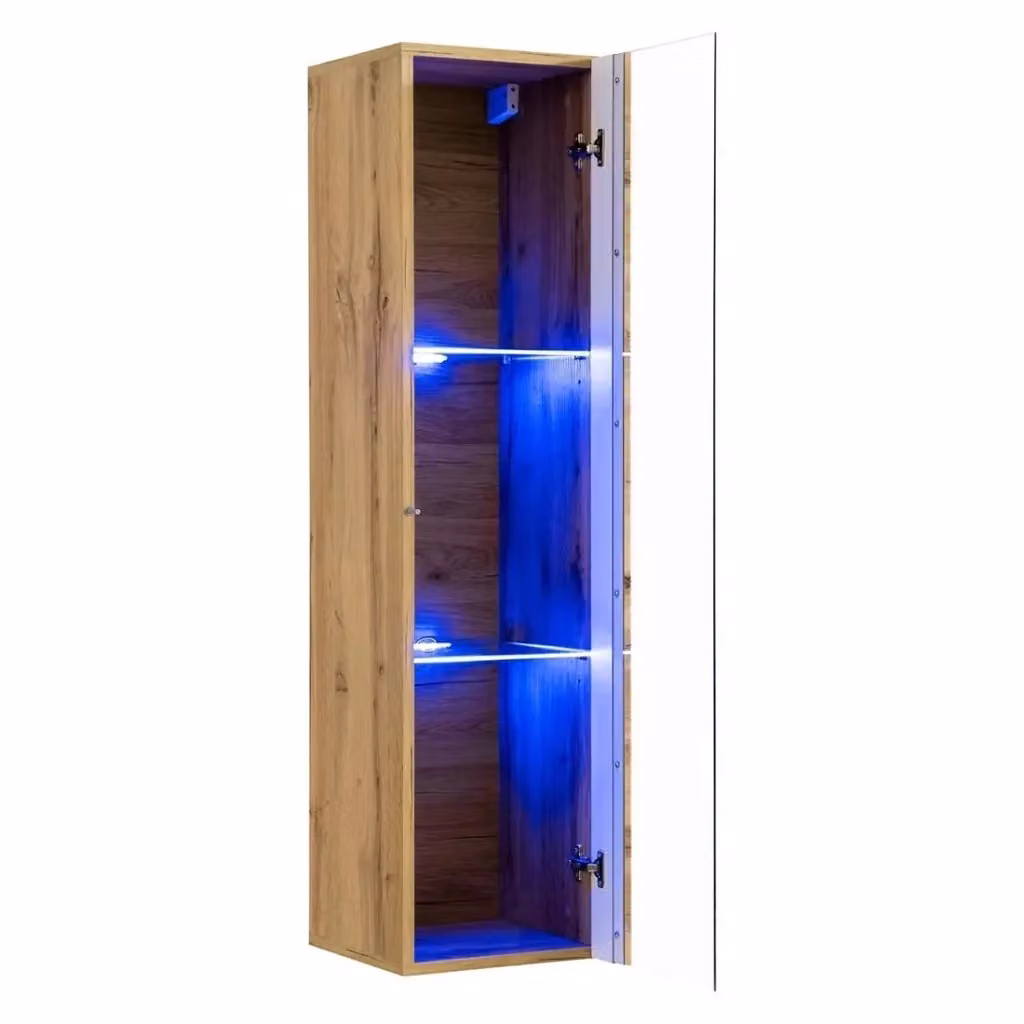 Vetrina sospesa Meublorama Collezione SWITCH colore rovere con porta in vetro e illuminazione LED integrata L: 120 cm, H: 30 cm, P: 30 cm – 2