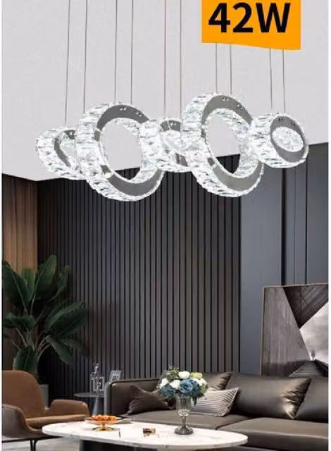 Trade Shop - Lampadario Led A Sospensione 42watt 5 Anelli Con Cristalli Luce Fredda 8000k B58 -