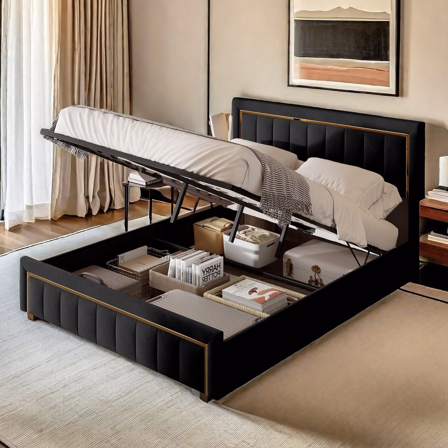 Letto imbottito ProximaX, letto a molle idrauliche 140x200cm con rete a doghe e contenitore, letto matrimoniale in legno letto per ragazzi in Pelle finta, nero