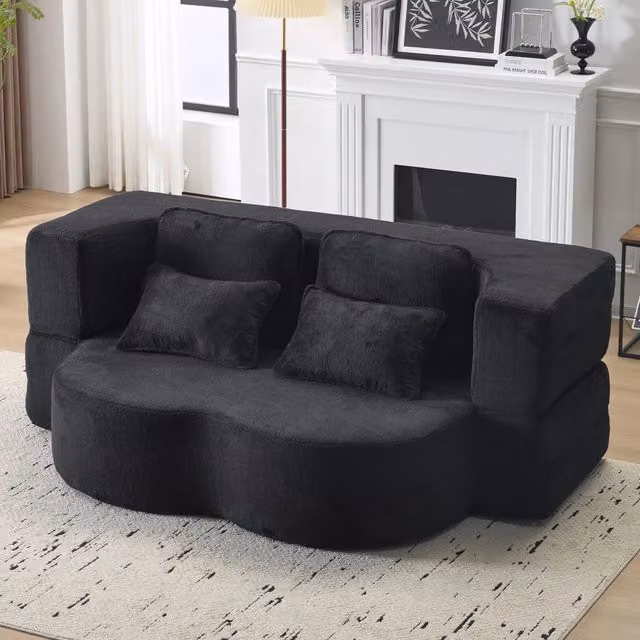 Desviae Divano letto moderno in velluto nero con 4 cuscini, schiuma ad alta densità, pronto all'uso per soggiorno e ospiti