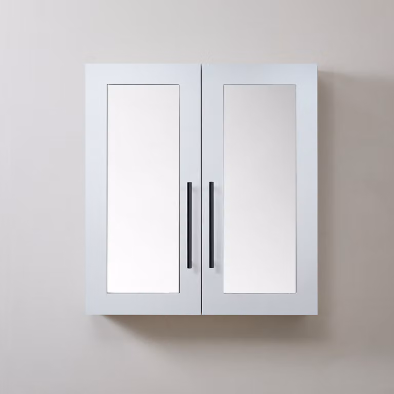 Mobiletto a Specchio da 900mm x 650mm Bianco - Completo di Maniglie Moderne a Barra Nere - Cluo