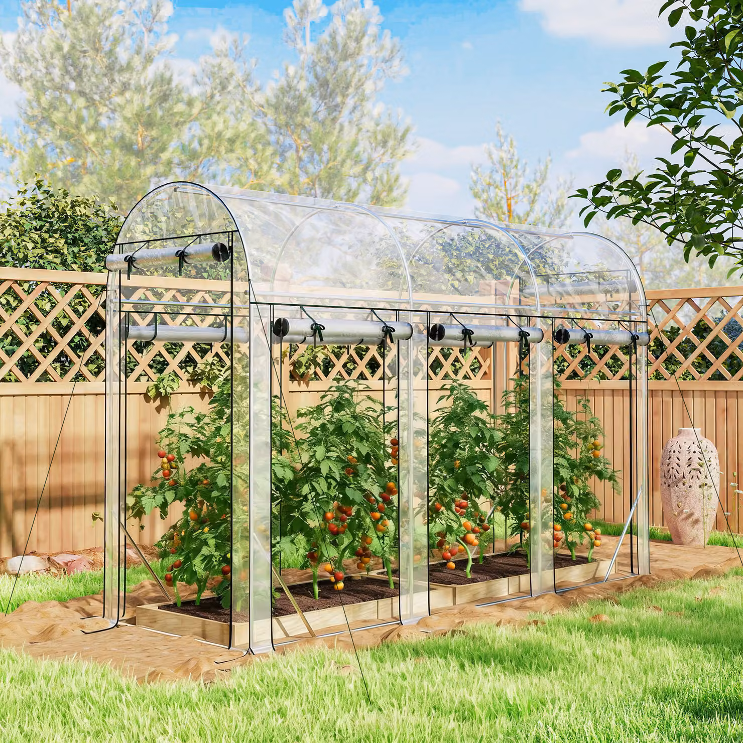 Serra tunnel da giardino Outsunny da 3 m2 con struttura in acciaio galvanizzato e 8 porte avvolgibili, trasparente, L 295 cm x P 100 cm x H 197 cm – 2