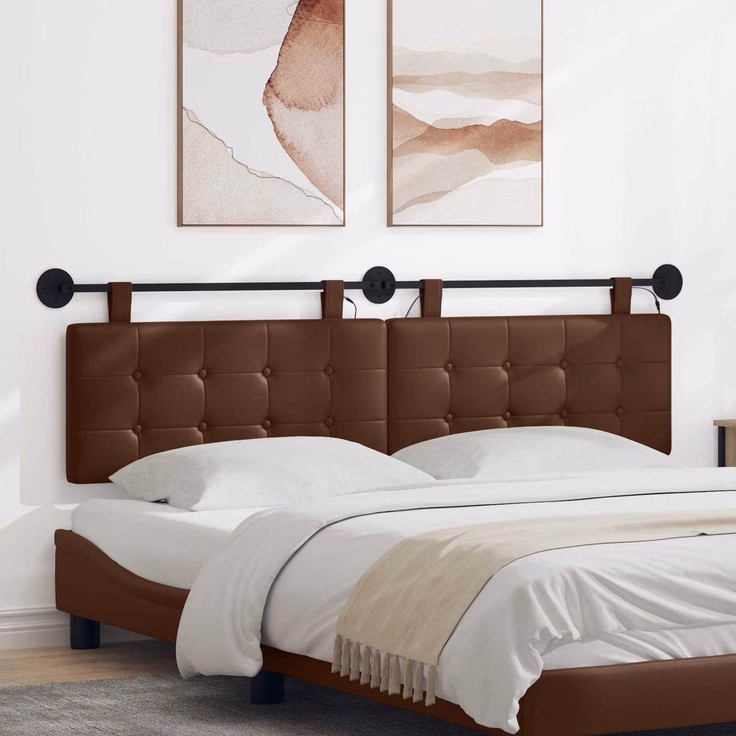 Testiera sospesa vidaXL con luce LED in similpelle marrone, design moderno e geometrico, L: 190 cm, H: 55 cm, P: 13 cm