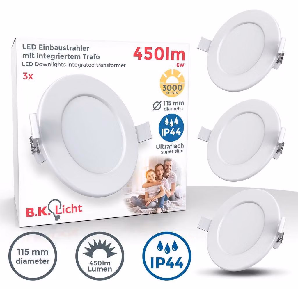 Faretti LED da incasso ultrapiatti per bagno, set di 3, LED integrati 6W, foro Ø100mm, luce calda 3000K, 450Lm, faretti da soffitto rotondi, plastica bianca 230V IP44