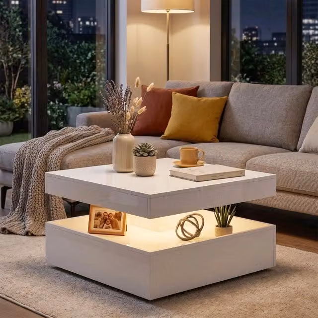 Tavolino da caff¨¨ con ripiani e LED ¨C Minimal ¨C moderno lucido bianco 60x60x45