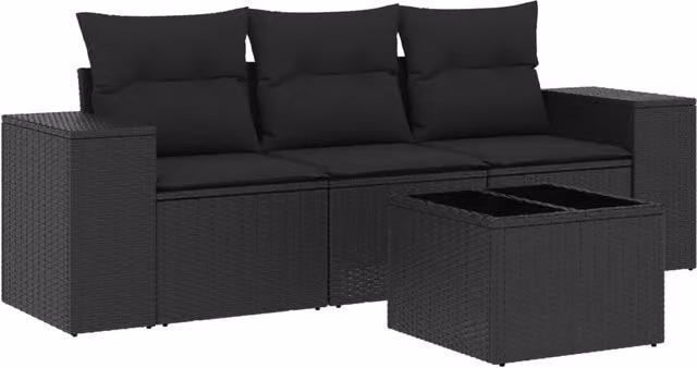 Set Divani da Giardino 4 pz | Set Salotto da Giardino con Cuscini Nero in Polyrattan