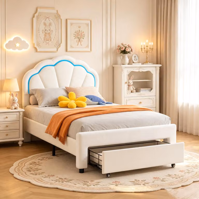 Letto per bambini INONEFT, 90 x 200 cm, con imbottitura e illuminazione LED, testiera regolabile in altezza a forma di fiore, letto singolo, letto per adolescenti, in velluto, colore bianco