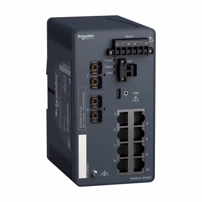 Switch gestito Schneider Electric Modicon, 8 porte per cavo in rame (8TX 10/100 Mbit/s) + 2 per fibra ottica monomodale (2FX-SM 100 Mbit/s) MCSESM103F2CS0
