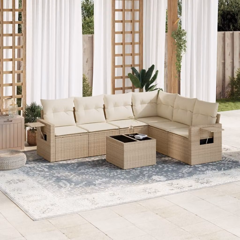 vidaXL Set Divani da Giardino 7 pz a Forma a L in Polyrattan con Cuscini Beige e Tavolino da Esterno – 1
