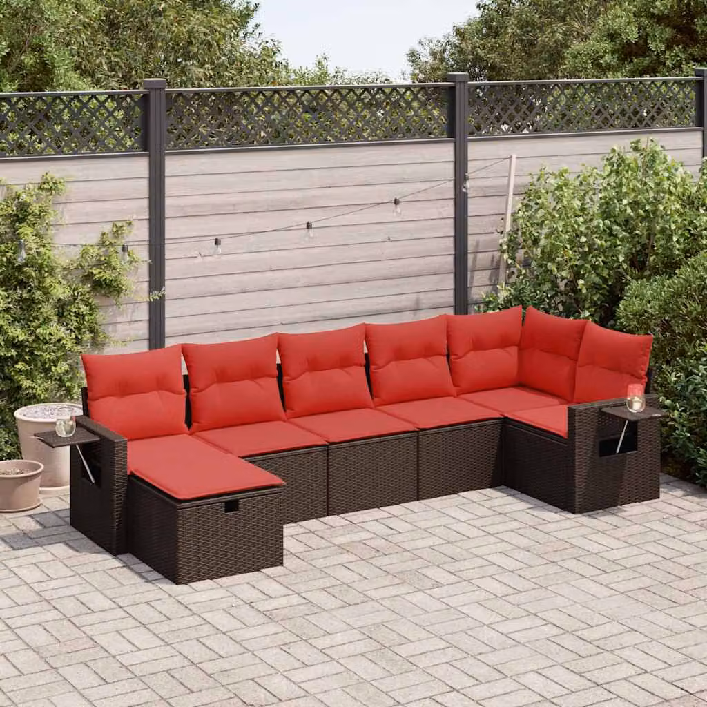 Set Divani da Giardino vidaXL 7 pz a Forma a L con Cuscini Marrone e Rosso in Polyrattan e Metallo