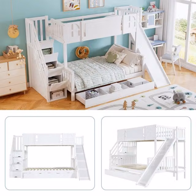 Letto a castello per bambini con scivolo; materassi 90x200 e 120x200 cm; scala contenitore e cassetto; bianco