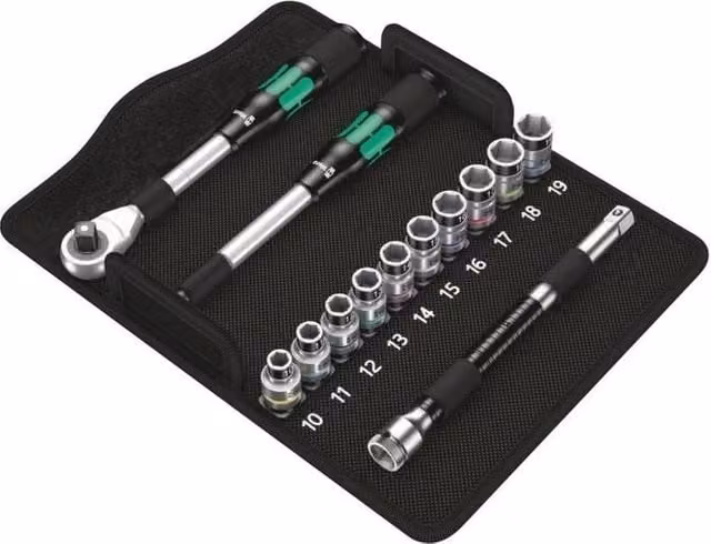 Set di cricchetti Wera Zyklop Hybrid 1/2'' 13 pezzi in acciaio con astuccio tessile nero e argento
