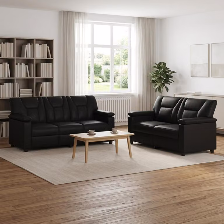 Set di 2 divani moderni vidaXL in similpelle nera con struttura in metallo e coperture rimovibili