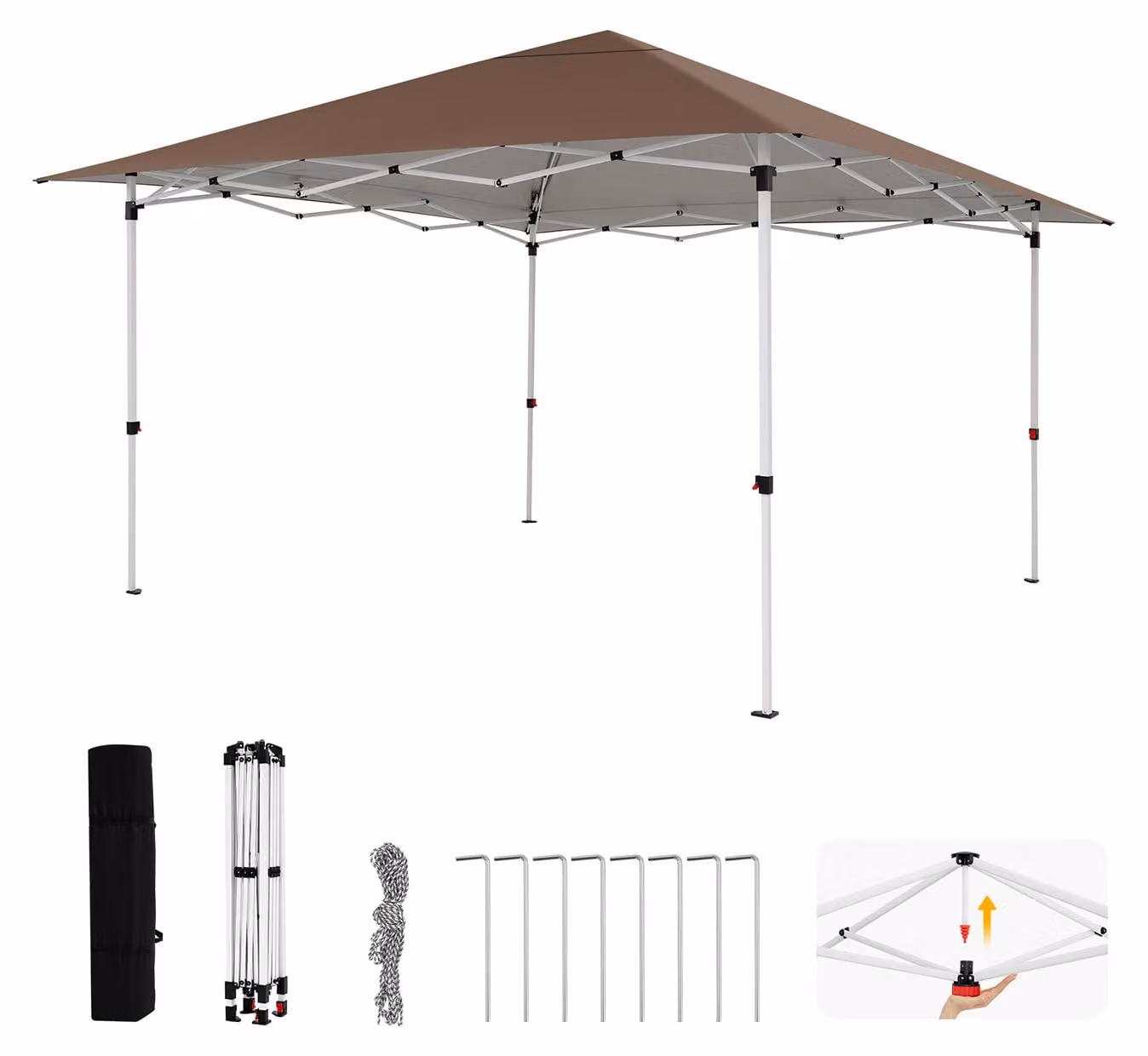KOMFOTTEU, gazebo pieghevole 350x350 cm, tenda pop-up con altezza regolabile, sistema di chiusura centralizzato e sporgenza del tetto, protezione solare, gazebo impermeabile con borsa, ideale per terrazza, giardino e cortile, colore marrone