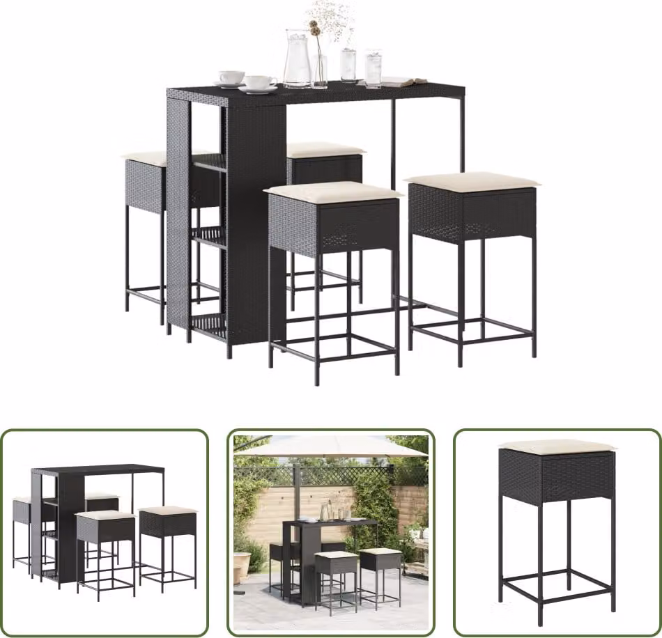 The Living Store Set bar da giardino 5 pezzi con cuscini in poly rattan nero