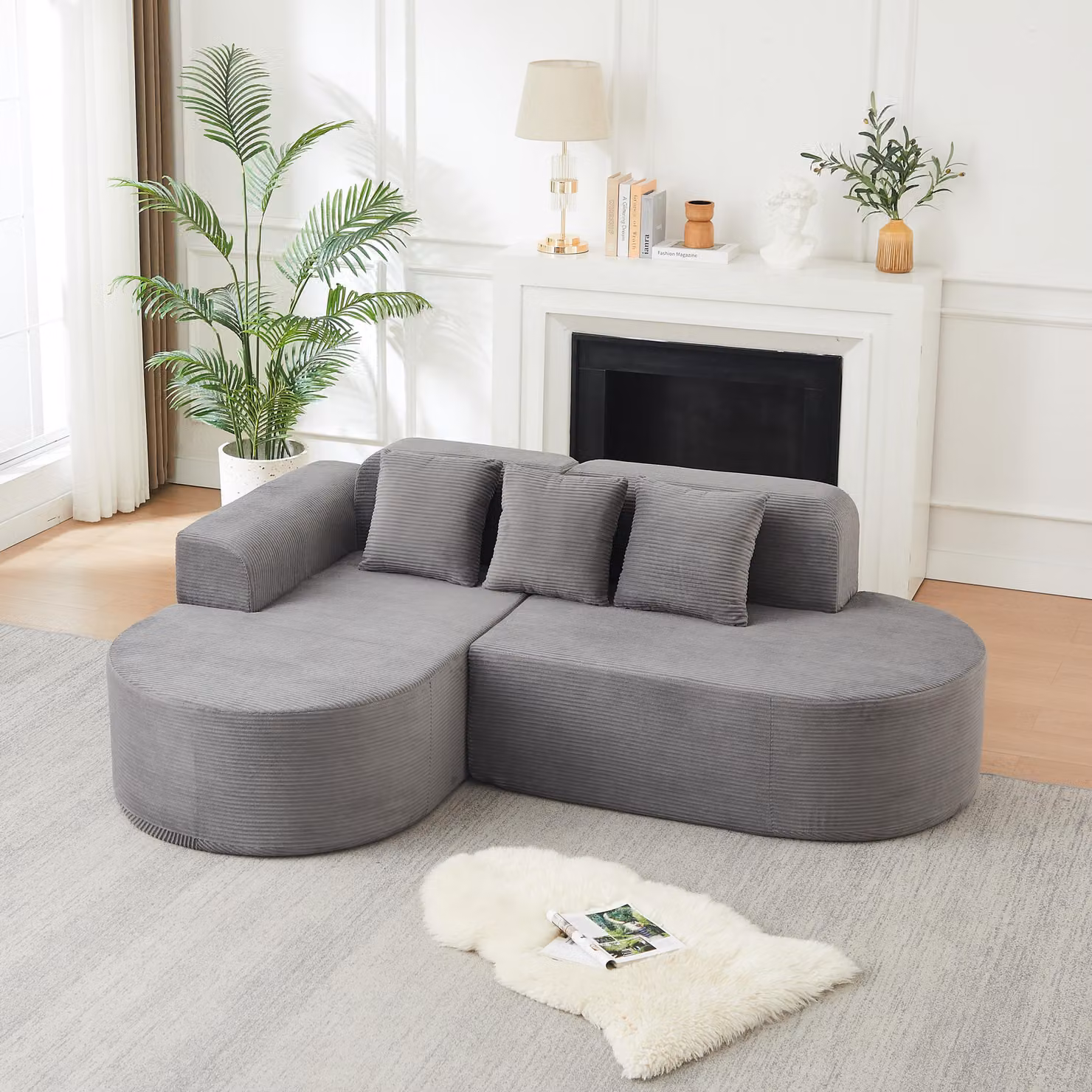 Divano modulare a forma di L, 220 cm, rivestito in corda, con schienali curvi, 3 cuscini, ideale per soggiorni e zone relax (grigio)