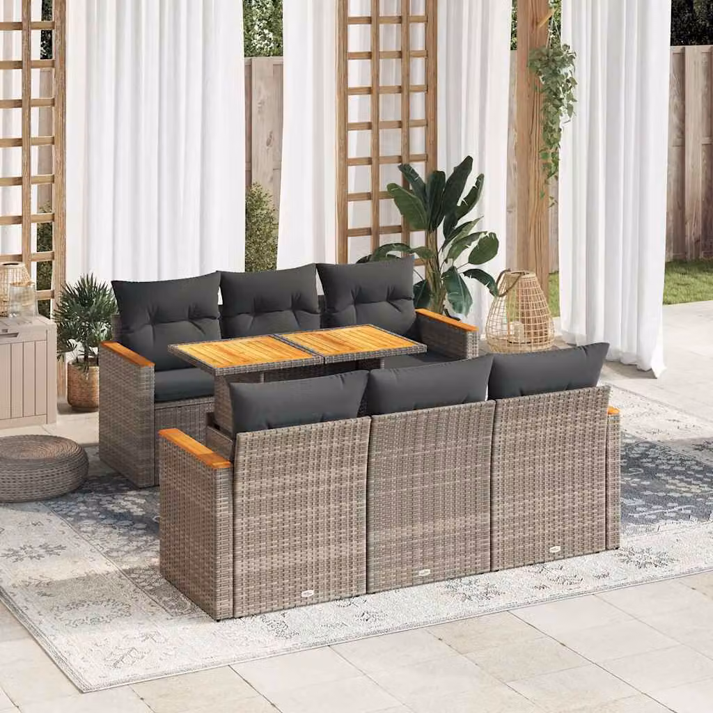 Set da giardino vidaXL composto da 7 pezzi con tavolino e cuscini in polyrattan e legno di acacia color grigio