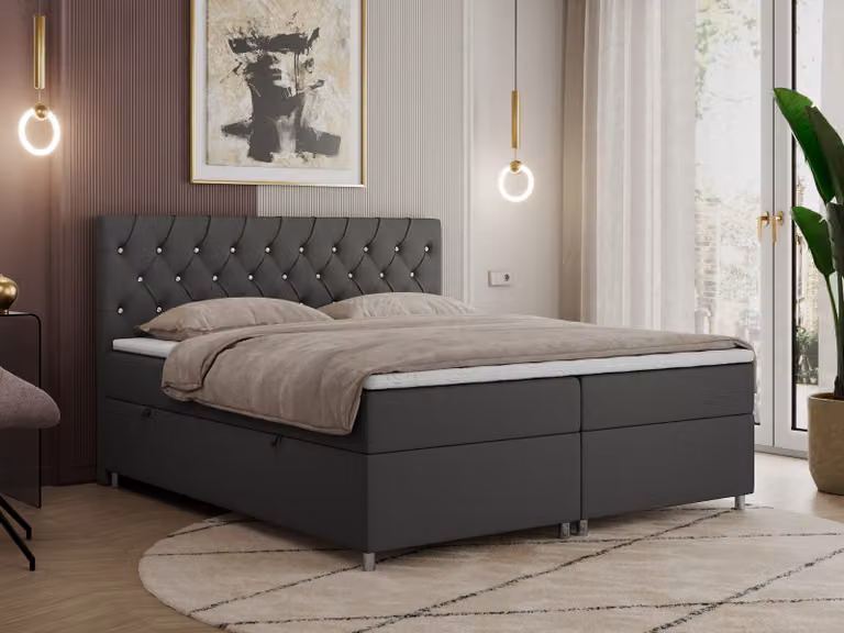Letto boxspring 180x200 con contenitore, letto boxspring 180x200 con materasso, letto matrimoniale con materasso e topper - Letto imbottito con testiera - ROMA - 180x200 - Grigio scuro - Ecopelle - H4