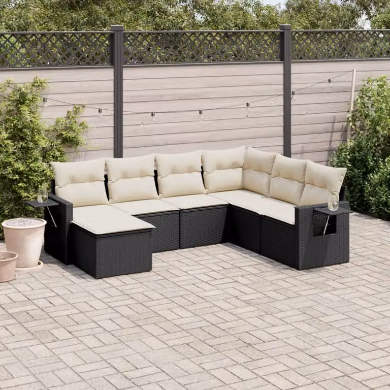 vidaXL Set Divano da Giardino a L con 7 Cuscini, Polyrattan e Acciaio Nero