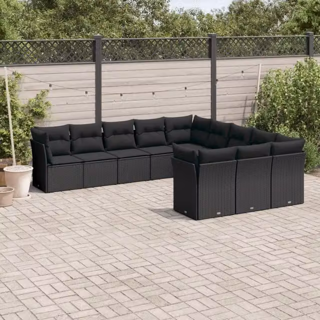 Set di Divani da Giardino a Forma di L con Cuscini vidaXL, 11 Pezzi, Colore Nero
