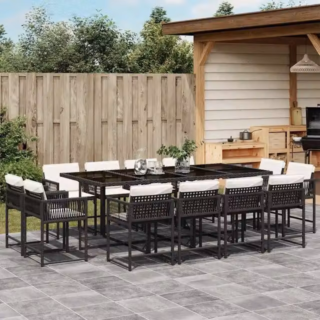 Set da pranzo da giardino vidaXL in polyrattan nero con cuscini bianchi e tavolo in vetro, 13 pezzi