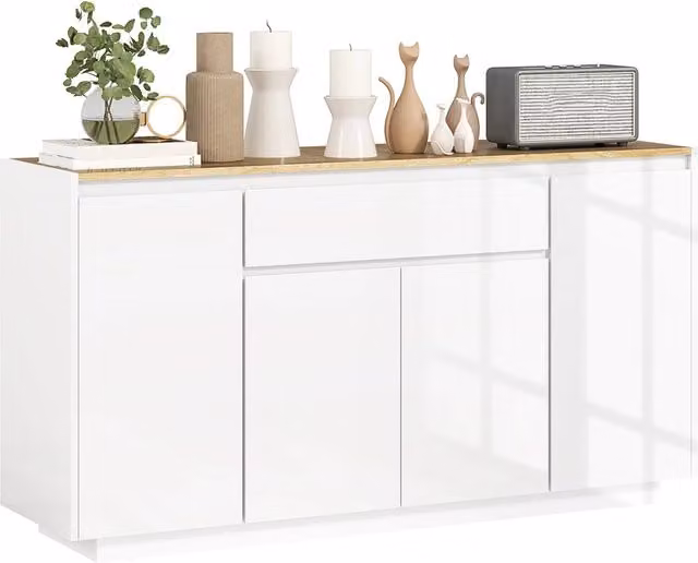 Credenza Giordanoshop Bianca con 1 Cassetto e 3 Armadietti, Finitura Lucida, L: 140 cm, P: 40 cm, H: 75 cm