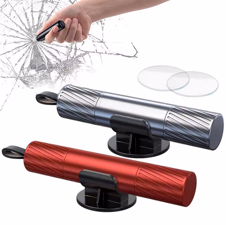Kit di emergenza per auto, composto da 2 pezzi, con tagliacinture e rompitubi, colore argento e rosso