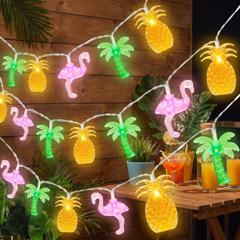 Catena luminosa a LED con motivi di fenicotteri, ananas e palme, lunghezza 6 metri, 40 LED, alimentazione a batteria