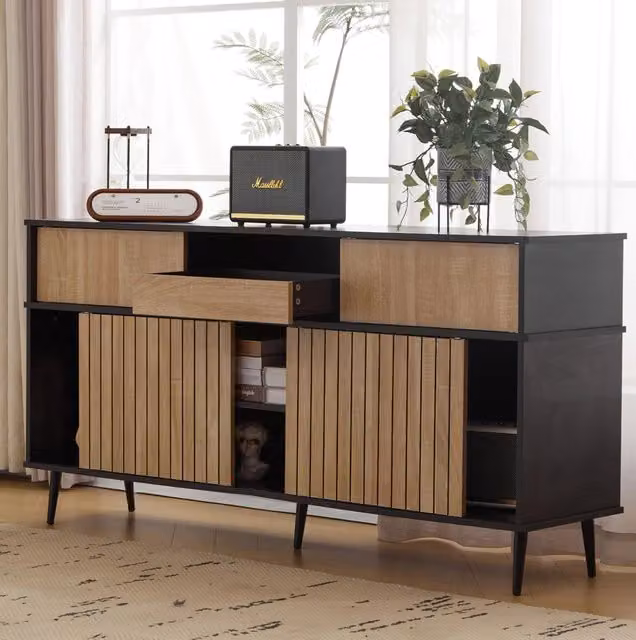 Credenza moderna con ante scorrevoli, cassetto e ripiani regolabili in legno, metallo e MDF, colori nero e marrone, L: 160 cm, P: 40 cm, H: 80 cm