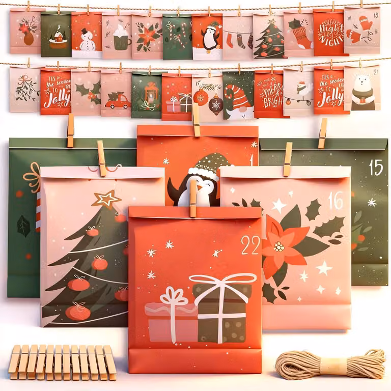 Calendari dell'Avvento da riempire, set da 24 pezzi con mollette di legno e filo
