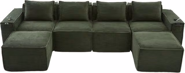 Divano modulare 330x162x75 cm in velluto a coste verde con portabevande