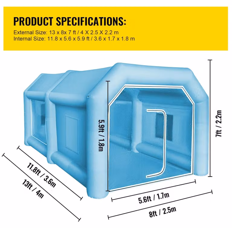 Cabina di verniciatura gonfiabile - Cabina di verniciatura - Area di lavoro 3,6 x 1,7 x 1,8 metri - Filtri a carbone attivo