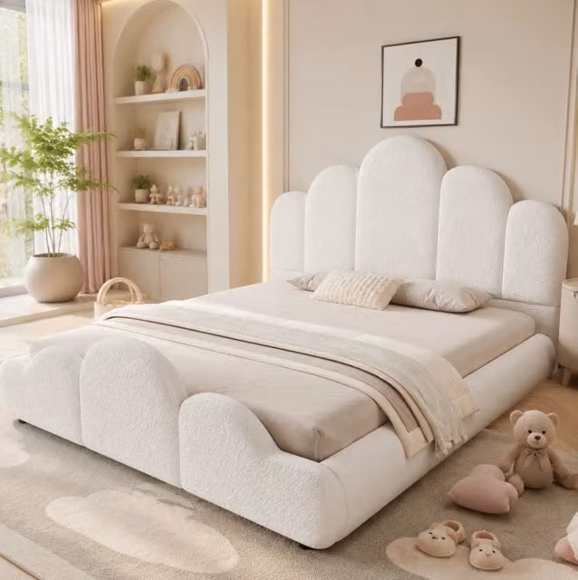 Letto imbottito per bambini 140x200 cm con testiera, bouclé beige, design con angoli arrotondati