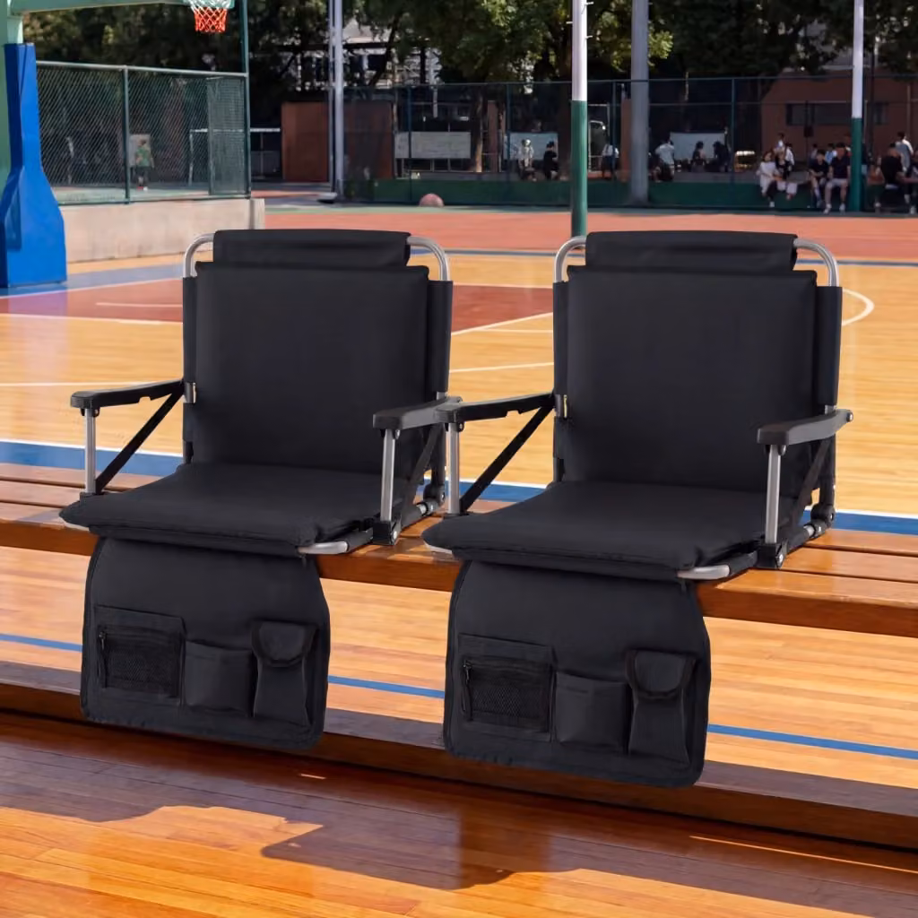 Set di 2 sedili pieghevoli da stadio con tasche portaoggetti e portabicchieri, sedie portatili con struttura in metallo nera opaca – 2