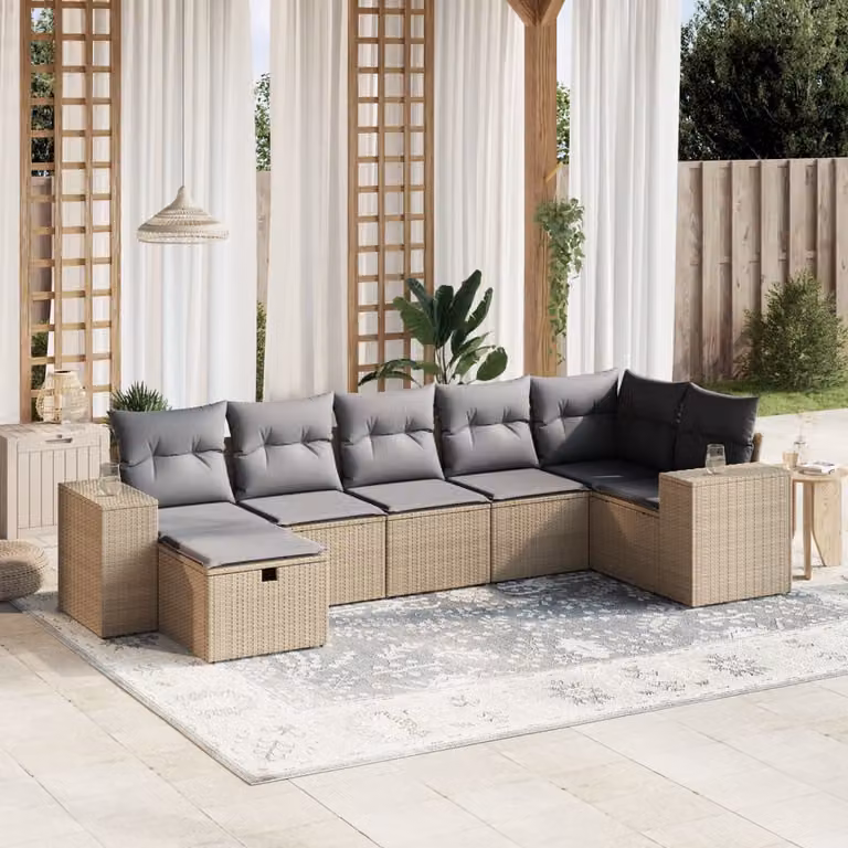 vidaXL Set Divano da Giardino a L 7 pz in Polyrattan con Cuscini Beige e Grigio