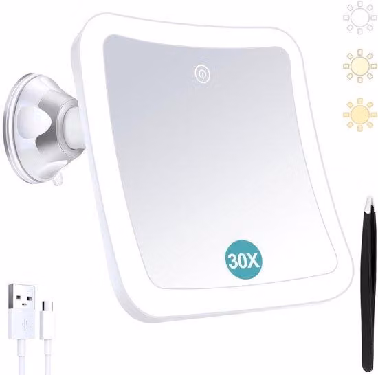 Specchio elettrico a 360 gradi con illuminazione - Ingrandimento 30x - Ricaricabile - Rotazione a 360 gradi - Bianco - Ideale per viaggi e trucco.