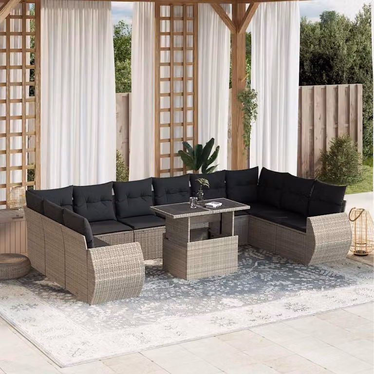 Set di divani da giardino vidaXL 11 pz con cuscini in polyrattan e struttura in metallo, colore antracite