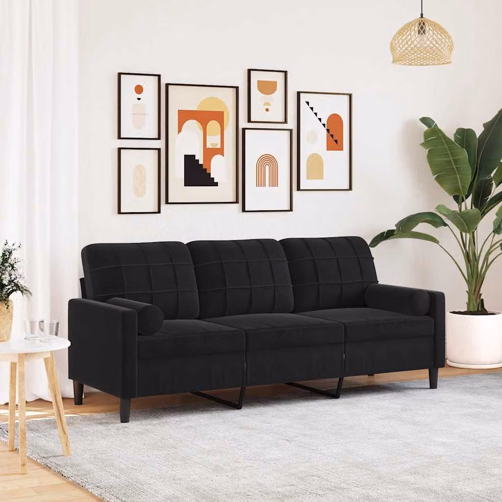 vidaXL Divano a 3 Posti Moderno in Velluto Nero con Cuscini e Coperture Rimovibili L: 197 cm, P: 80 cm, H: 77 cm – 1