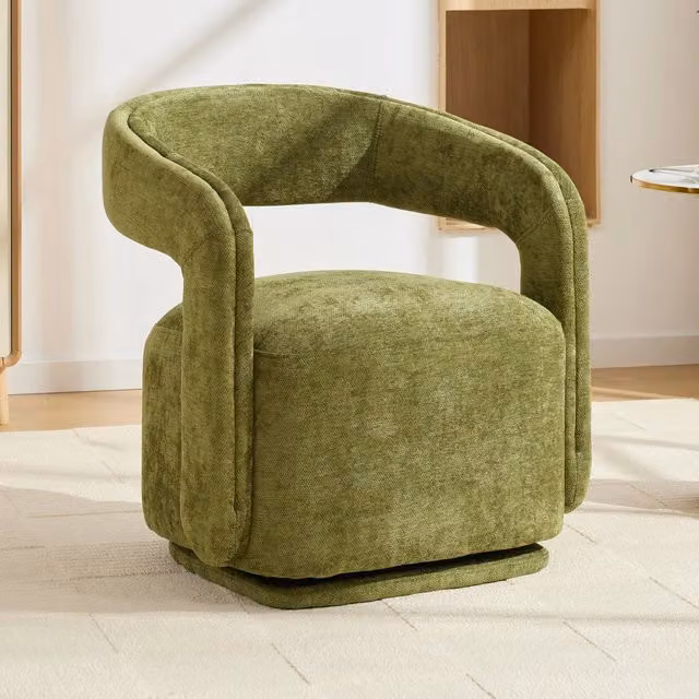 Poltrona girevole 360 REDOM in tessuto chenille verde con struttura in legno massello L/P/H: 70 x 65,5 x 74 cm