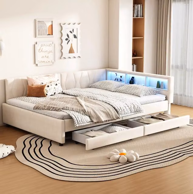 Letto giorno 140x200 cm con cassetti, illuminazione LED e porte USB+Tipo C, struttura in lino beige con rete a doghe