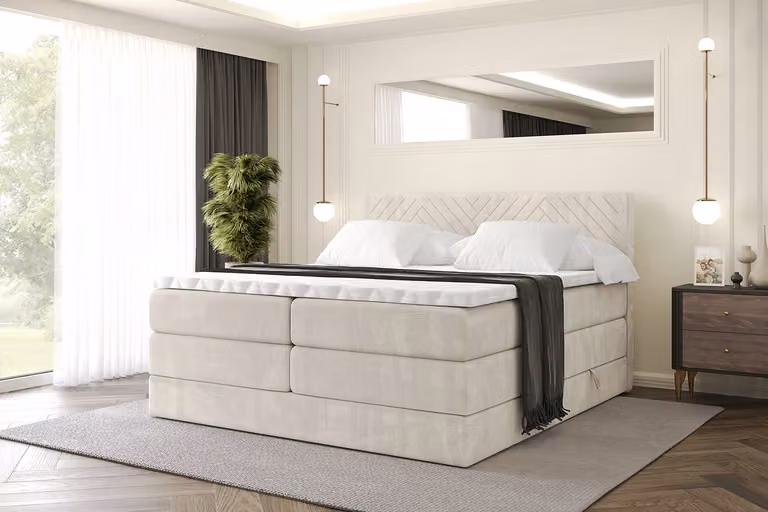 Letto boxspring ALTDECOR con materasso e rete a doghe, topper, letto imbottito con contenitore, letto con spazio contenitivo per materassi H3 e H4, letto matrimoniale, letto boxspring - VEXA KING - 200x200 - Beige Casablanca