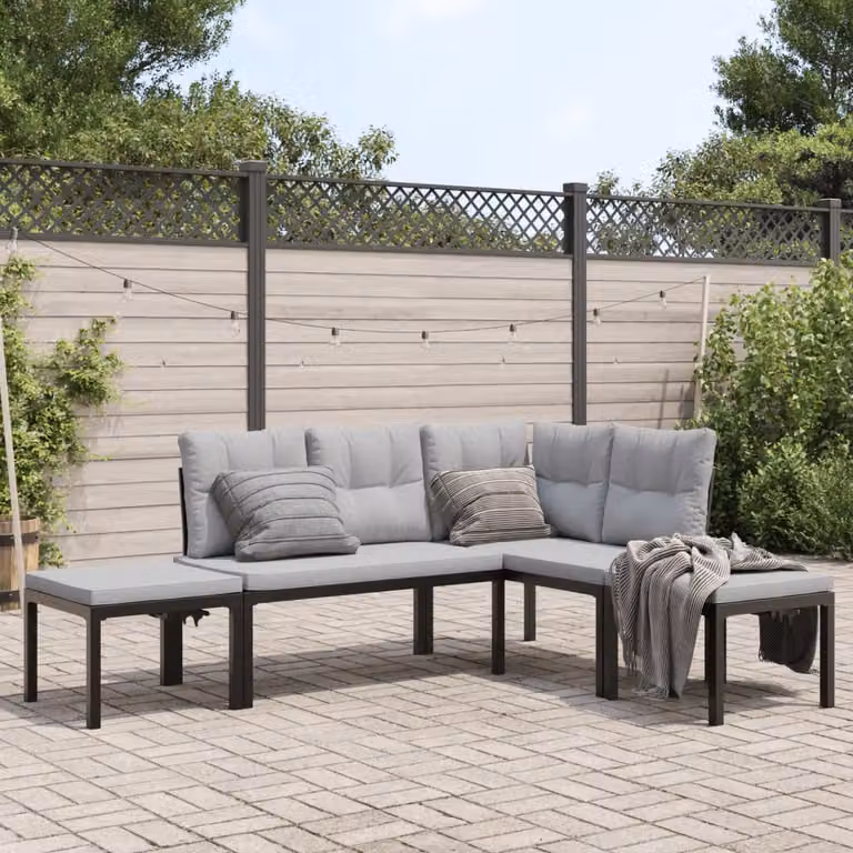 Set Divano da Giardino a L vidaXL con Cuscini in Poliestere Grigio e Nero in Acciaio Verniciato a Polvere
