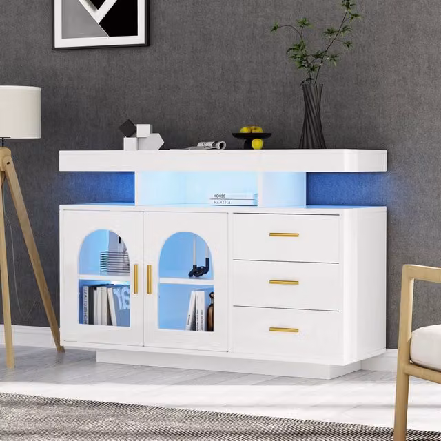 Credenza moderna con illuminazione LED integrata in bianco lucido, Larghezza: 120 cm