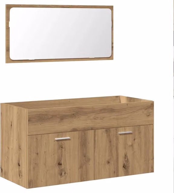 Mobiletto da bagno sospeso con specchio in legno di rovere color marrone L: 90 cm, P: 38,5 cm, H: 46 cm